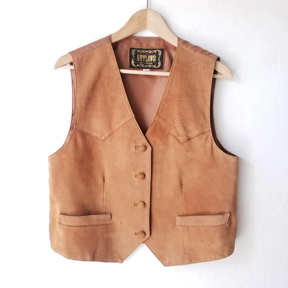 Vintage Suede Cognac Brown Western-Style Vest - Picture 4 of 11